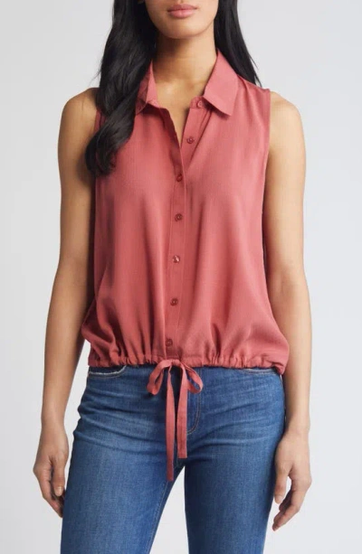 Bobeau Drawstring Waist Sleeveless Button-up Top In Mineral Red