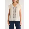 Bobeau Embroidered Flutter Sleeve Top In Neutral