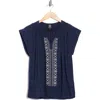 Bobeau Embroidered Flutter Sleeve Top In Blue