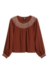 Bobeau Embroidered Peasant Top In Brown