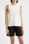 Bobeau Embroidered Ruffle Cuff Top In White
