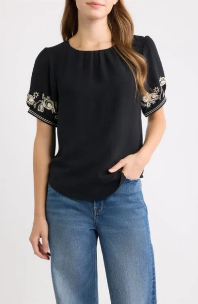 Bobeau Embroidered Sleeve Peasant Top In Multi