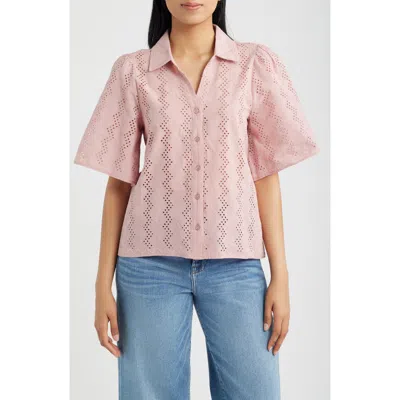 Bobeau Eyelet Embroidered Button-up Shirt In Pink