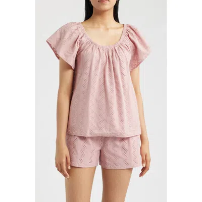 Bobeau Eyelet Embroidered Peasant Top In Pink