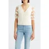 Bobeau Floral Appliqué Short Sleeve Surplice Sweater In White