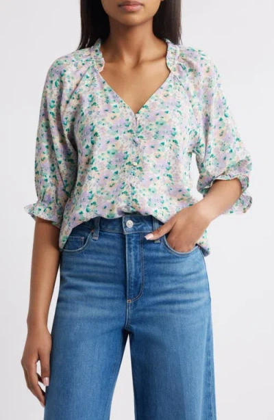 Bobeau Floral Button-up Top In Purple/peach Floral