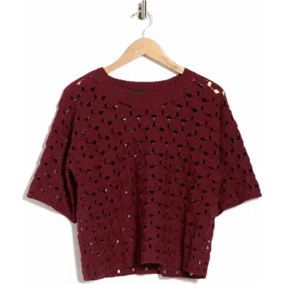 Bobeau Floral Crochet Short Sleeve Top In Brown