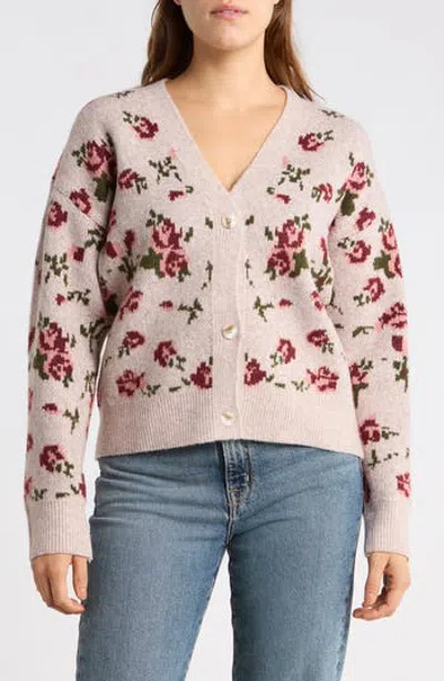 Bobeau Floral Jacquard Cardigan In Brown