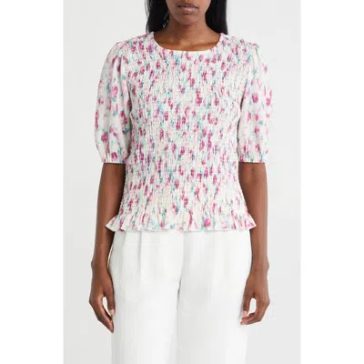 Bobeau Floral Puff Sleeve Smocked Top In Neutral