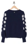 Bobeau Floral Sleeve Sweater In Blue