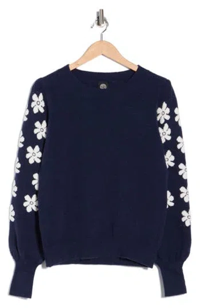 Bobeau Floral Sleeve Sweater In Blue