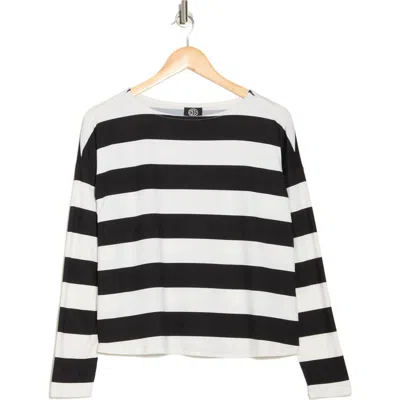 Bobeau French Bateau Neck Top In Ivory/black Stripe