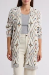 Bobeau Geometric Popcorn Boucle Cardigan In Cream/taupe