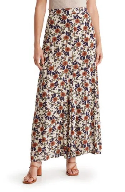 Bobeau Godet Maxi Skirt In Bran/indigo Floral