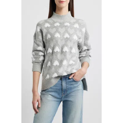 Bobeau Heart Jacquard Mock Neck Sweater In Heather Grey/ivory
