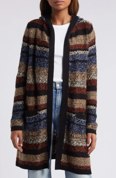 Bobeau Jacquard Stripe Longline Hooded Cardigan In Blue Mix