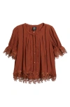 Bobeau Lace Accent Button-up Top In Brown