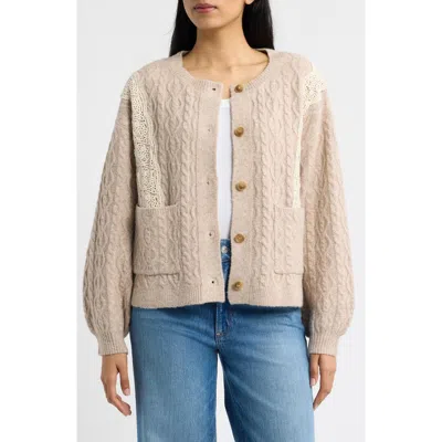 Bobeau Lace Trim Cable Stitch Cardigan In Gray