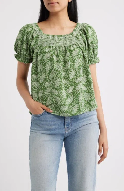 Bobeau Leaf Print Smocked Yoke Top In Green