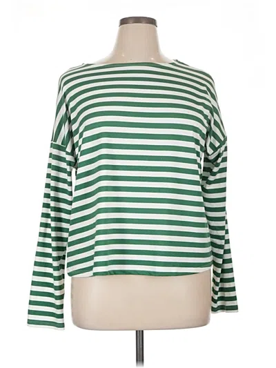 Pre-owned Bobeau Long Sleeve Top Green Stripes Pattern Boatneck Tops