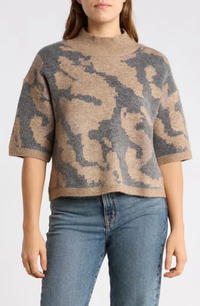 Bobeau Mock Neck Boxy Sweater In Taupe / Grey