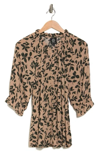 Bobeau Patterned Button-up Top In Khaki/ Deep Forest
