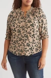 Bobeau Patterned Button-up Top In Khaki/deep Forest