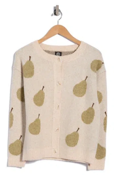 Bobeau Pear Jacquard Cardigan In Oatmeal / Pale Olive