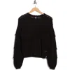 Bobeau Pointelle Fringe Open Knit Sweater In Black