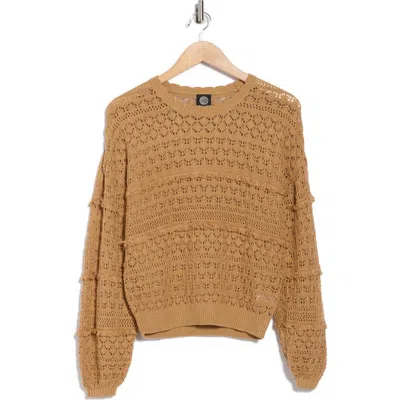 Bobeau Pointelle Fringe Open Knit Sweater In Brown