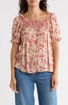 Bobeau Print Peasant Top In Neutral