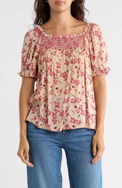 Bobeau Print Peasant Top In Neutral