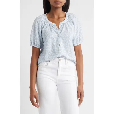 Bobeau Print Puff Sleeve Button-up Top