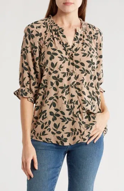 Bobeau Print Ruffle Blouse In Khaki/deep Forest