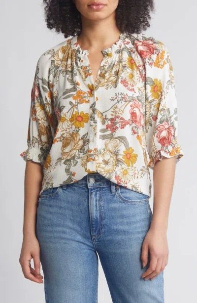 Bobeau Print Ruffle Blouse In White/ Marsala Bouquet