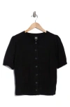 Bobeau Puff Short Sleeve Button Front Cardigan In Black