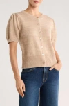 Bobeau Puff Short Sleeve Button Front Cardigan In Neutral
