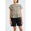 Bobeau Ruffle Open Stitch Short Sleeve Sweater In Multi