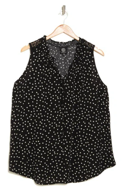 Bobeau Ruffle Spit Neck Sleeveless Top In Black/ Ivory Dot