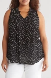 Bobeau Ruffle Spit Neck Sleeveless Top In Black/ivory Dot