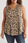 Bobeau Ruffle Spit Neck Sleeveless Top In Khaki/deep Forest