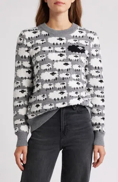 Bobeau Sheep Jacquard Sweater In Charcoal/white
