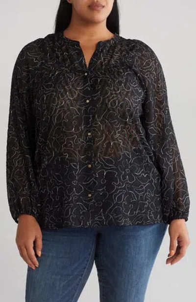 Bobeau Shirred Long Sleeve Button-up Top In Black
