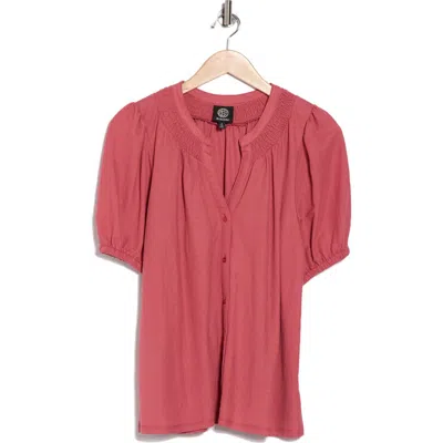 Bobeau Short Sleeve Piqué Knit Button-up Shirt In Red
