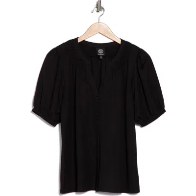 Bobeau Short Sleeve Piqué Knit Button-up Shirt In Black