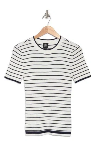 Bobeau Short Sleeve Ribbed Striped Sweater In White/navy