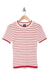 Bobeau Short Sleeve Ribbed Striped Sweater In White/red