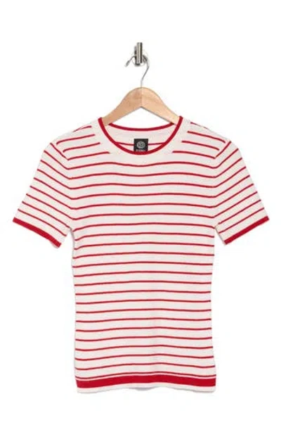 Bobeau Short Sleeve Ribbed Striped Sweater In White/red