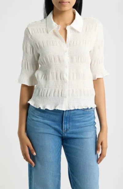 Bobeau Smocked Button-up Shirt In White