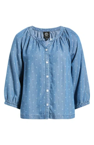 Bobeau Smocked Neck Button-up Top In Blue